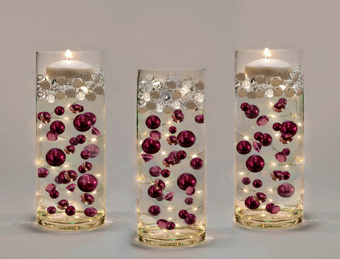 100 Floating Burgundy Pearls with Matching Sparkling Gems-Large Sizes-Fills 4 Medium Size Vases of The Floating Transparent Gels-Measured Gels Prep Bags-Option of 6 Submersible Fairy Lights Strings
