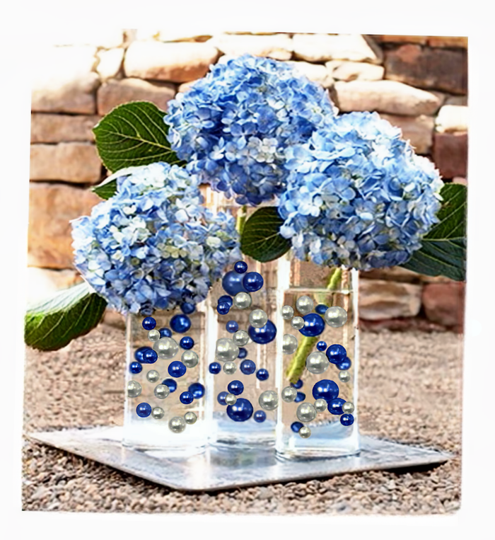115 Floating Royal Blue/Navy Pearls Large Sizes- Option of 6 Submersible Fairy Lights Strings Hidable Submersible Batteries- 2 Gallons of Transparent Water Gels for Vases