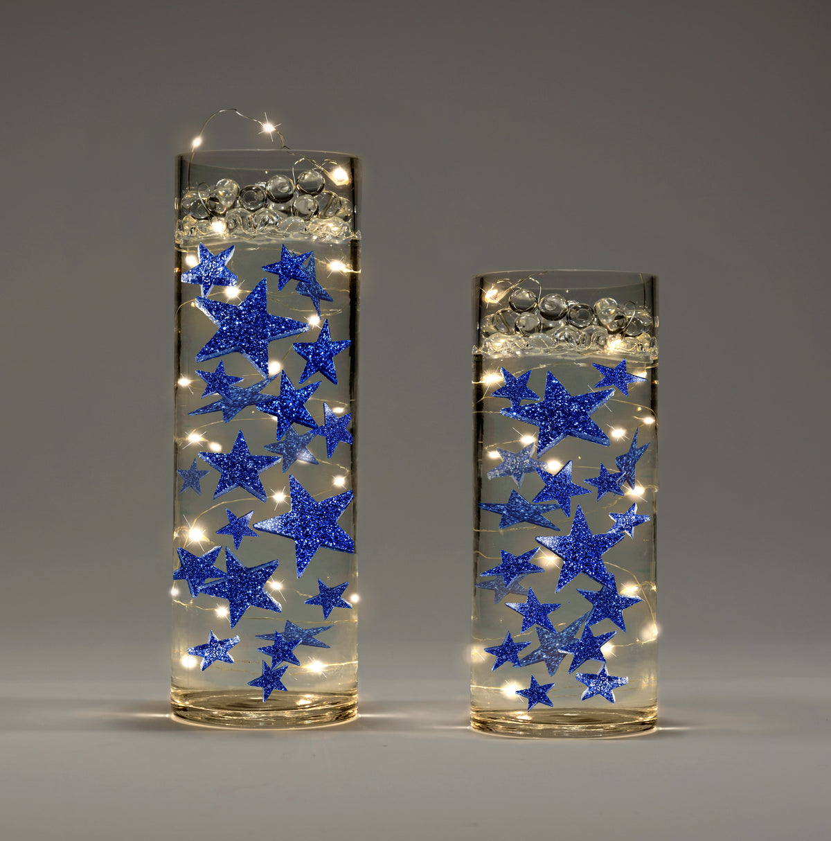 50 Blue Floating Stars-Sparkling Large Size-Fills 1 Gallon for Your Vases-Including Transparent Floating Gels Kit-Option 3 Submersible LED Fairy Lights Strings with Hidable and Submersible Battery