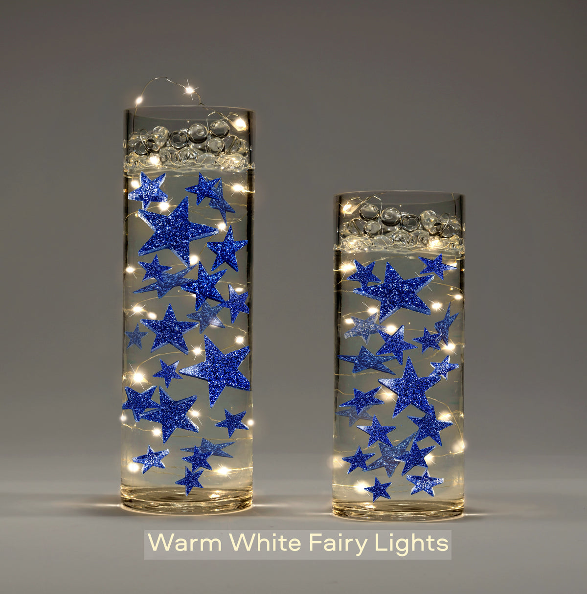 50 Blue Floating Stars-Sparkling Large Size-Fills 1 Gallon for Your Vases-Including Transparent Floating Gels Kit-Option 3 Submersible LED Fairy Lights Strings with Hidable and Submersible Battery
