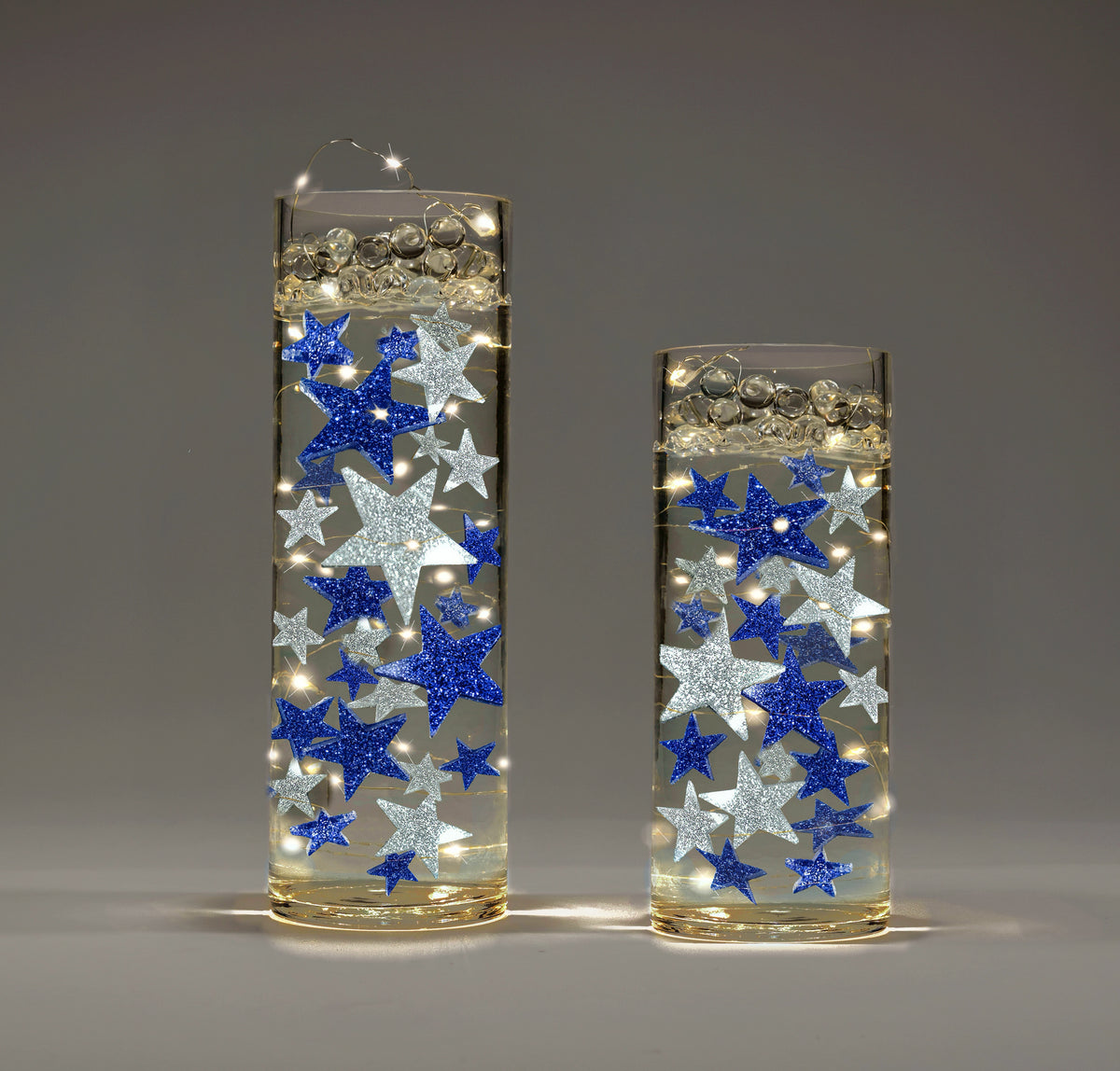 50 Blue Floating Stars-Sparkling Large Size-Fills 1 Gallon for Your Vases-Including Transparent Floating Gels Kit-Option 3 Submersible LED Fairy Lights Strings with Hidable and Submersible Battery