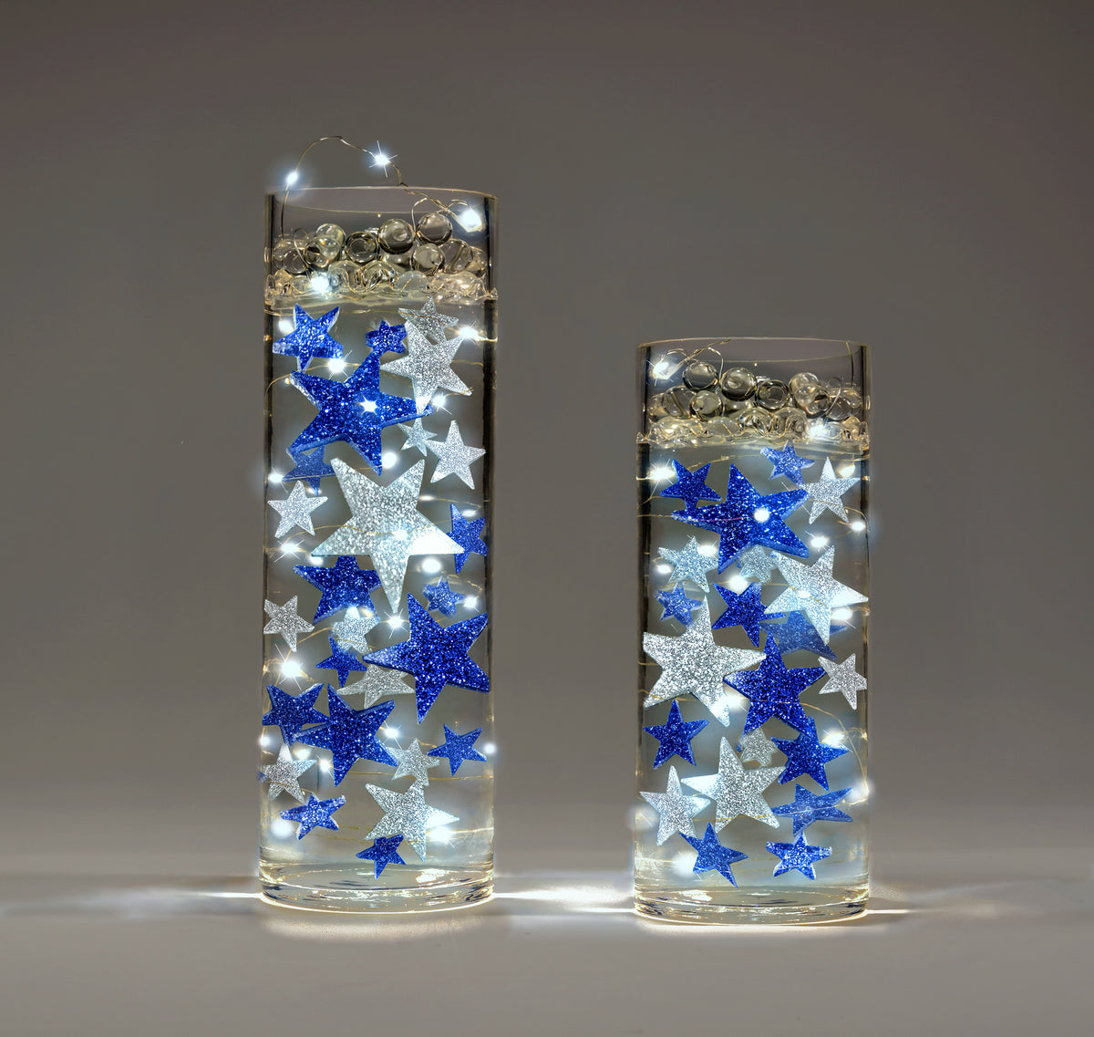 50 Blue Floating Stars-Sparkling Large Size-Fills 1 Gallon for Your Vases-Including Transparent Floating Gels Kit-Option 3 Submersible LED Fairy Lights Strings with Hidable and Submersible Battery