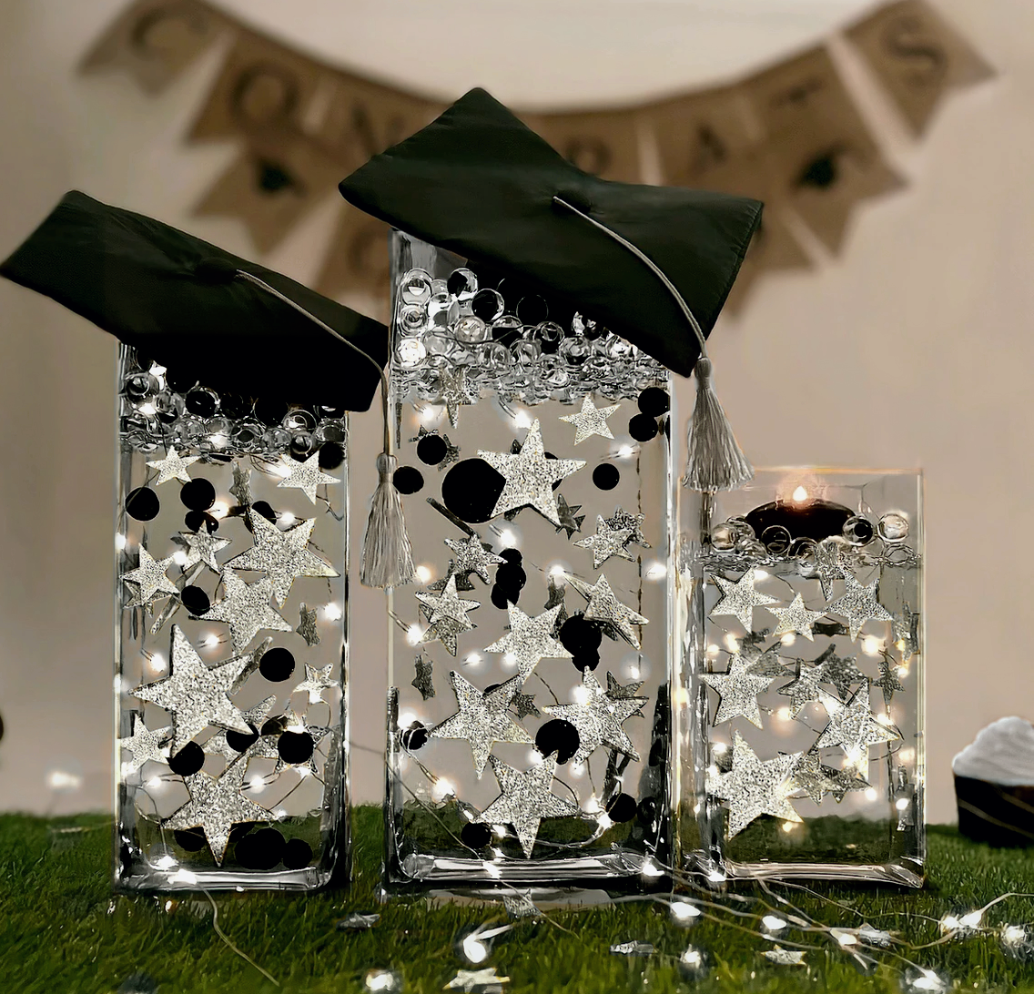 50 Floating Silver Stars Glitter-Fills Gallons for Your Vases With Transparent Floating Gels Kit+ Option 3 Submersible LED Fairy Lights Strings with Hidable and Submersible Battery