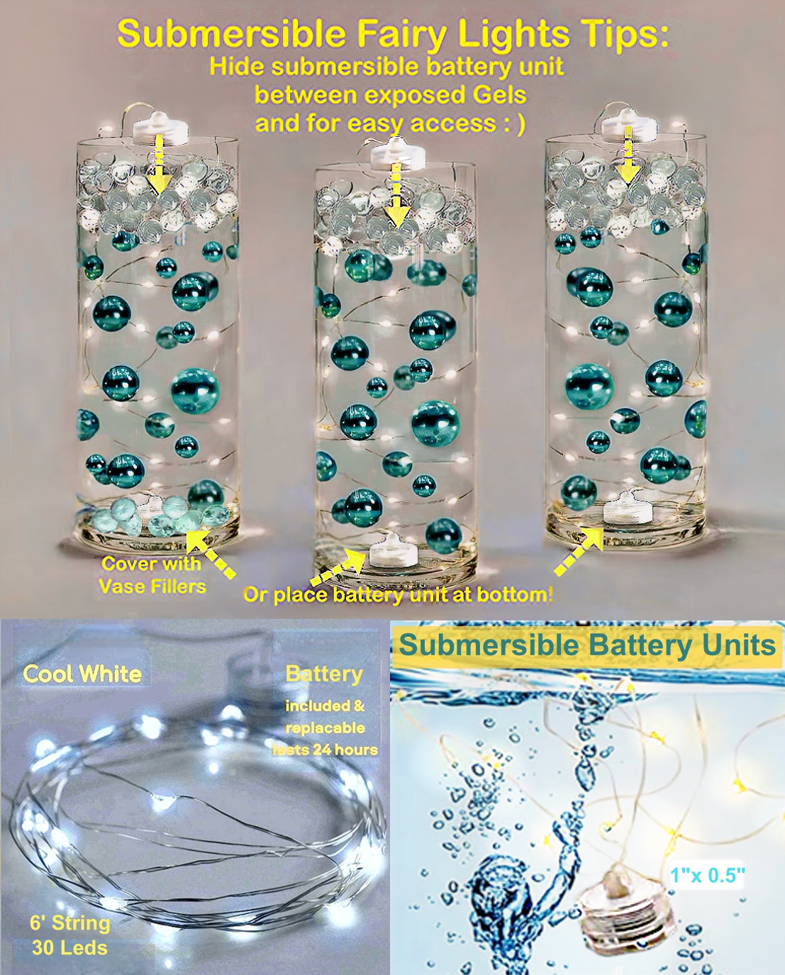75 Floating Blush Light Pink Pearls Large Sizes- Option of 3 Submersible Fairy Lights Strings Hidable Submersible Batteries- 1 Gallon of Transparent Water Gels for Vases