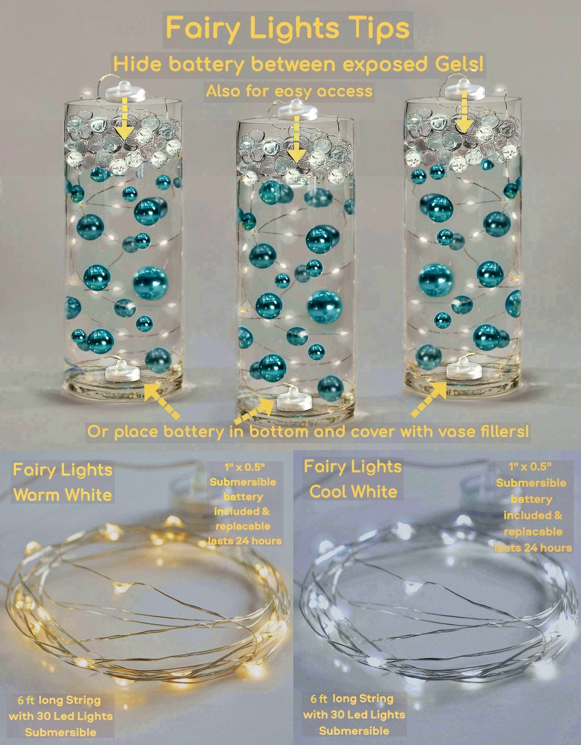 75 Floating Turquoise Blue/Teal Pearls-Fills 1 Gallon of The Transparent Gels for The Floating Effect-With Measured Gels Prep Bag-Option of 3 Fairy Lights Strings