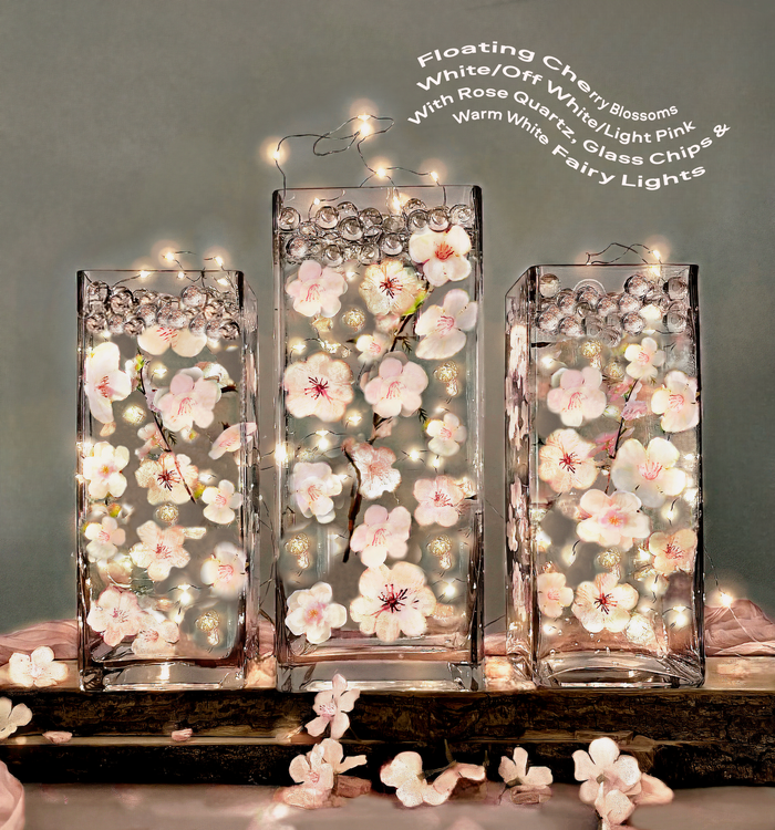60 Floating Ivory White Light Pink Cherry Blossoms Flowers- Matching Pebbles & Pearls- Fills 1 Gallon of the Floating Transparent Water Gels for Your Vases- With Exclusive Measured Prep Bag- And Option of 3 Submersible Fairy Lights Strings