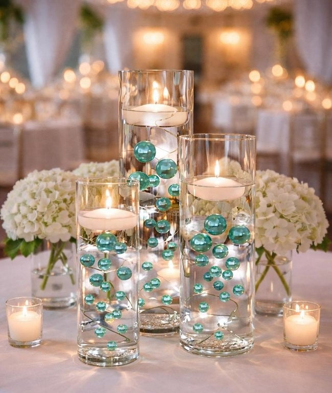 100 Floating Turquoise Blue Pearls and Sparkling Gems Large Sizes- Option of 6 Submersible Fairy Lights Strings Hidable Submersible Batteries- 2 Gallons of Transparent Water Gels for Vases