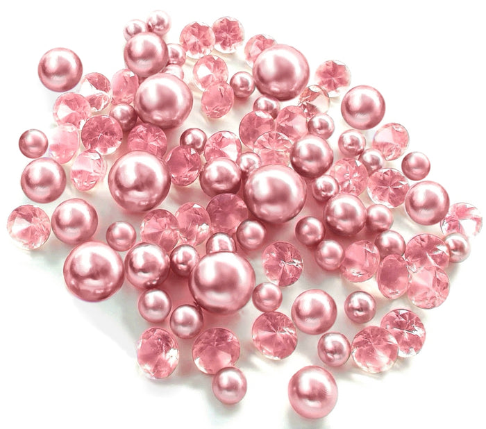 100 Floating Light Pink Pearls with Pink Sparkling Gems- Large Sizes- Option of 3 White or Warm White Submersible Fairy Lights Strings Hidable Submersible Batteries- Fills 2 Gallons of Transparent Water Gels for your Vases with Prep Bags