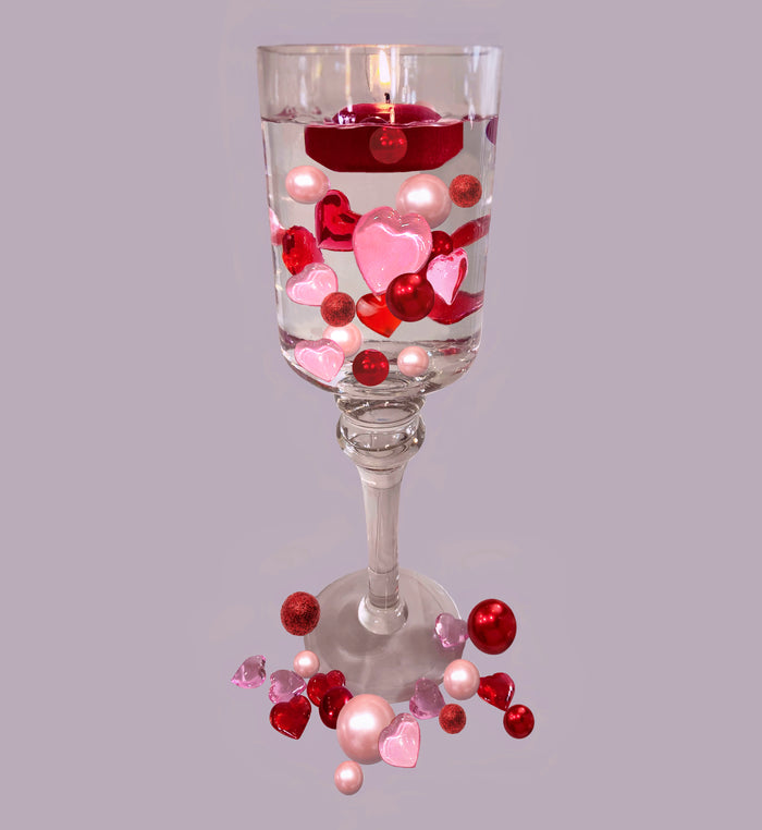 75 Floating Red Hearts & Pink Hearts With Matching Floating Pearls-Fills 1 Gallon of the Transparent Gels for Floating Effect-With Exclusive Floating Gels measured Prep Bag-Option:3 Submersible Fairy Lights Strings