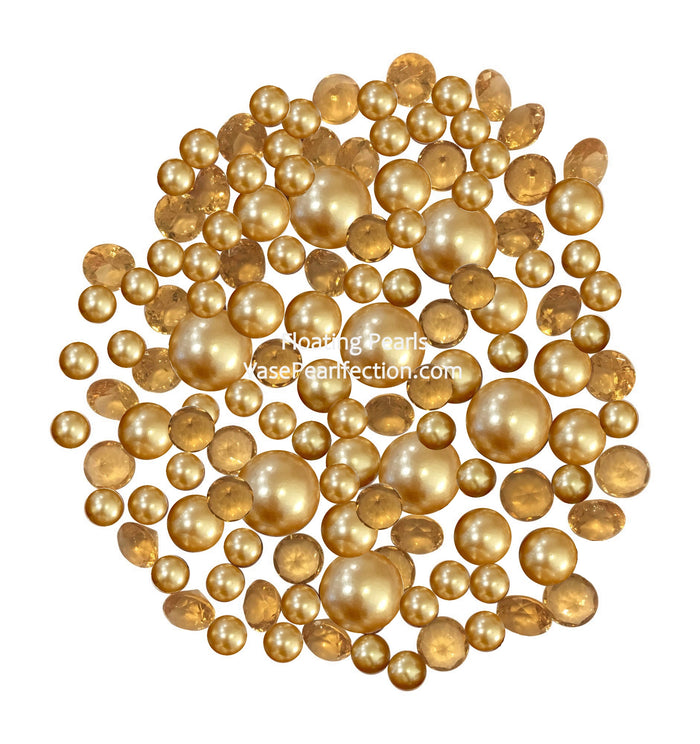 100 Floating Gold Pearls with Gold Sparkling Gems- Large Sizes- Option of 3 White or Warm White Submersible Fairy Lights Strings Hidable Submersible Batteries- Fills 2 Gallons of Transparent Water Gels for your Vases with Prep Bags